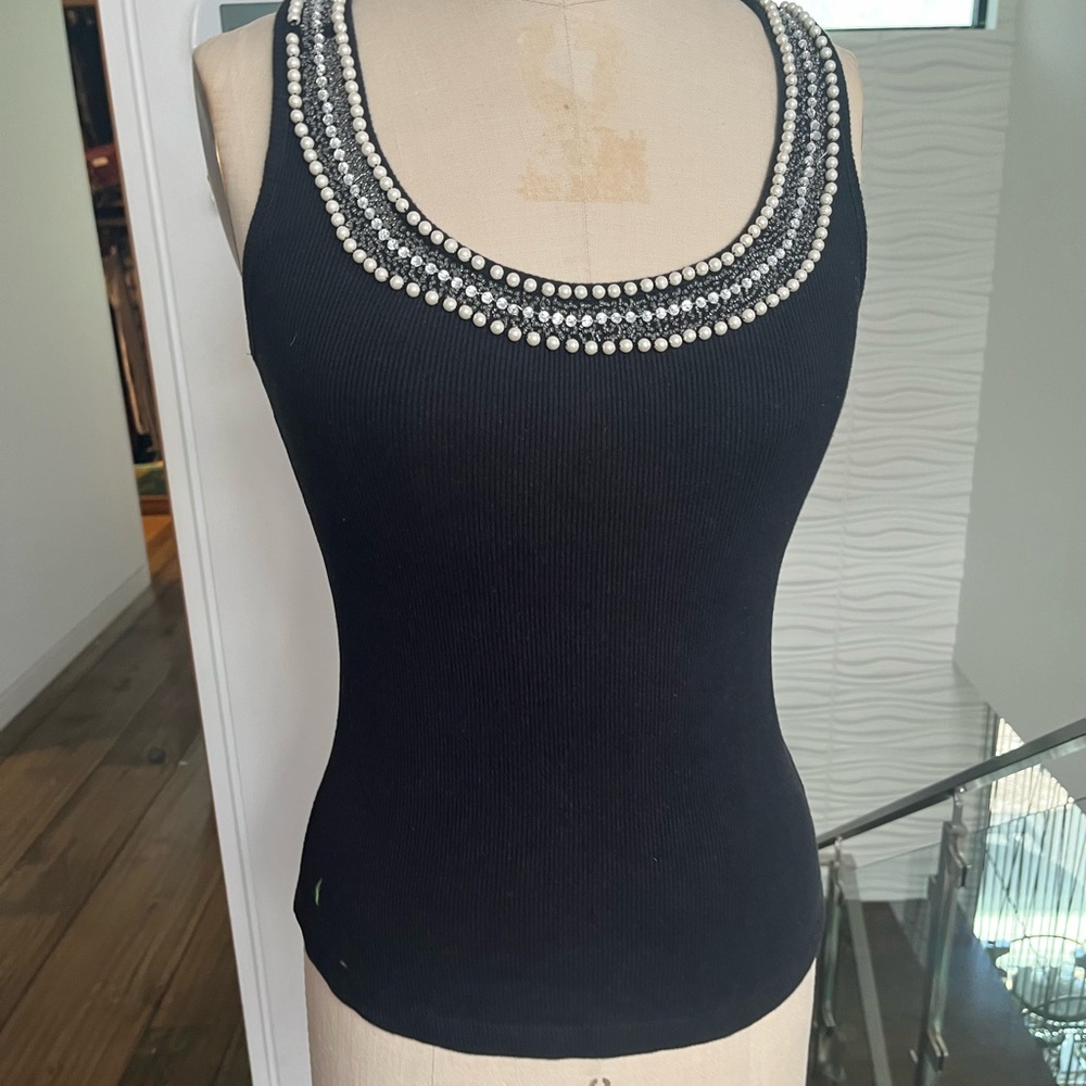 black sleeveless top with pearl and rhinestone trim neck size medium